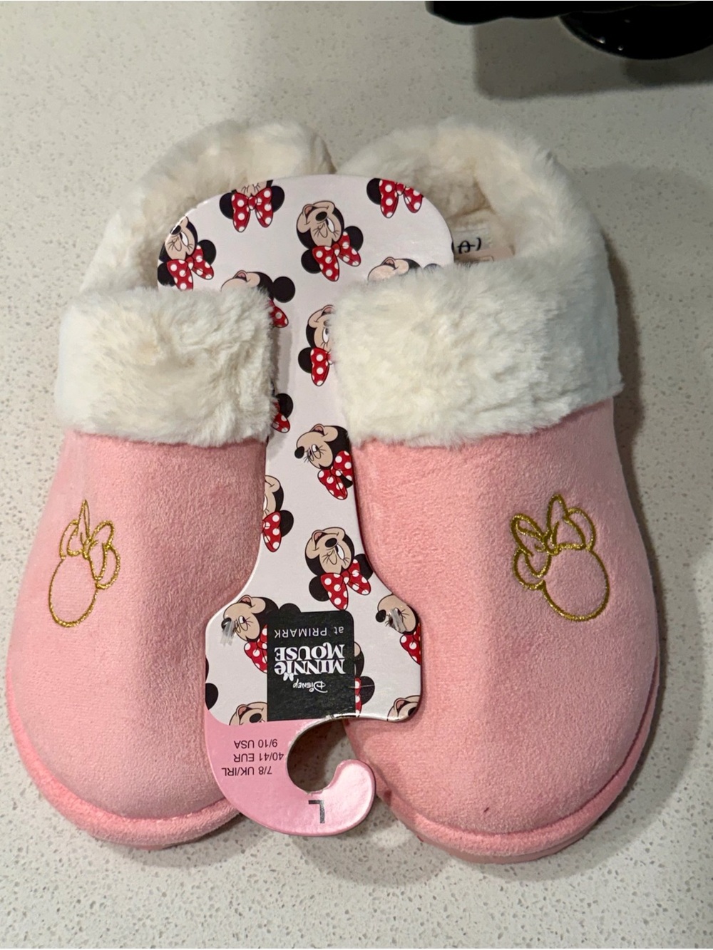 Primark Pink and White Minnie Mouse Faux Fur Slippers